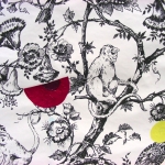 disappearing acts (monkey) (2011); detail altered French wallpaper, acrylic paint, human hair, vinyl lettering; dimensions variable