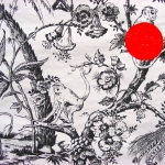 disappearing acts (peacockCorner) (2011); detail altered French wallpaper, acrylic paint, human hair, vinyl lettering; dimensions variable
