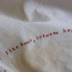 for collision or engagement1 (likeHome2) (2011); detail    scorched cotton, archival ink ; 260 x 240 cm